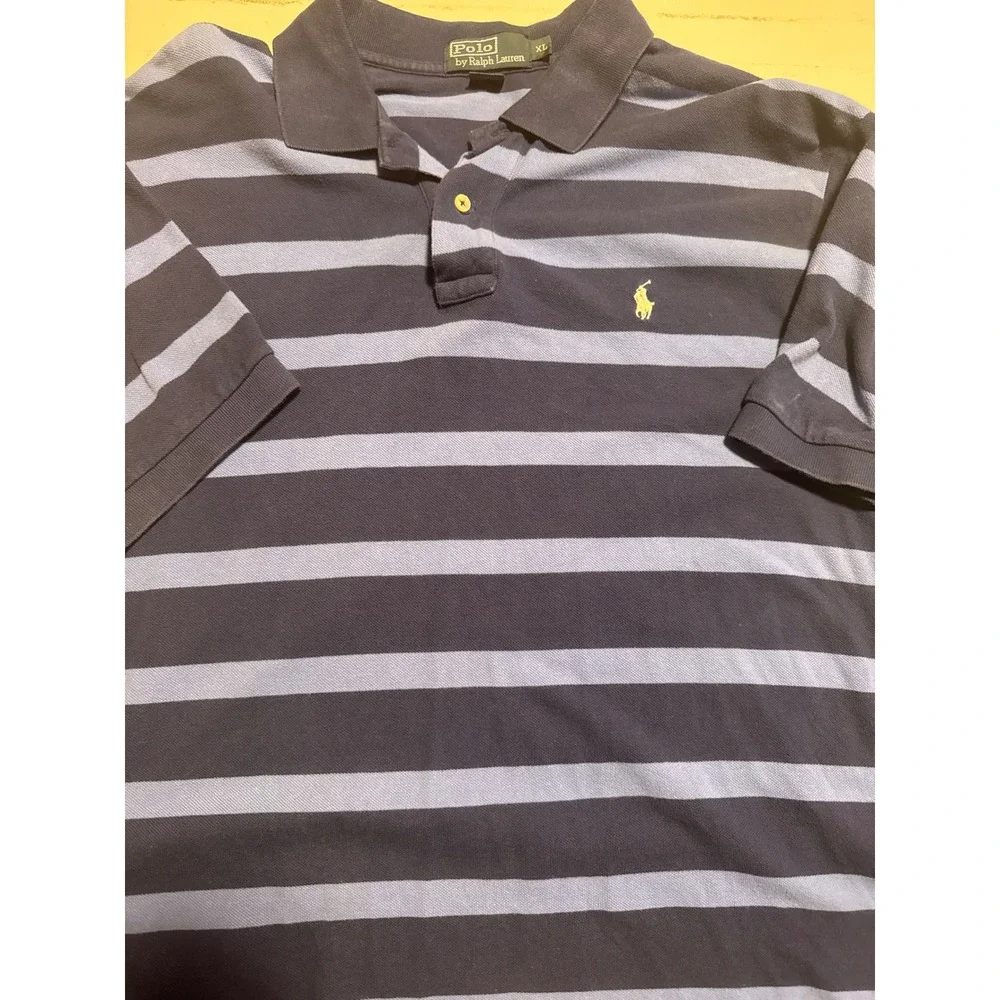 Polo Ralph Lauren Polo Shirt Mens XL Navy Blue Striped Good Short Sleeve Cotton